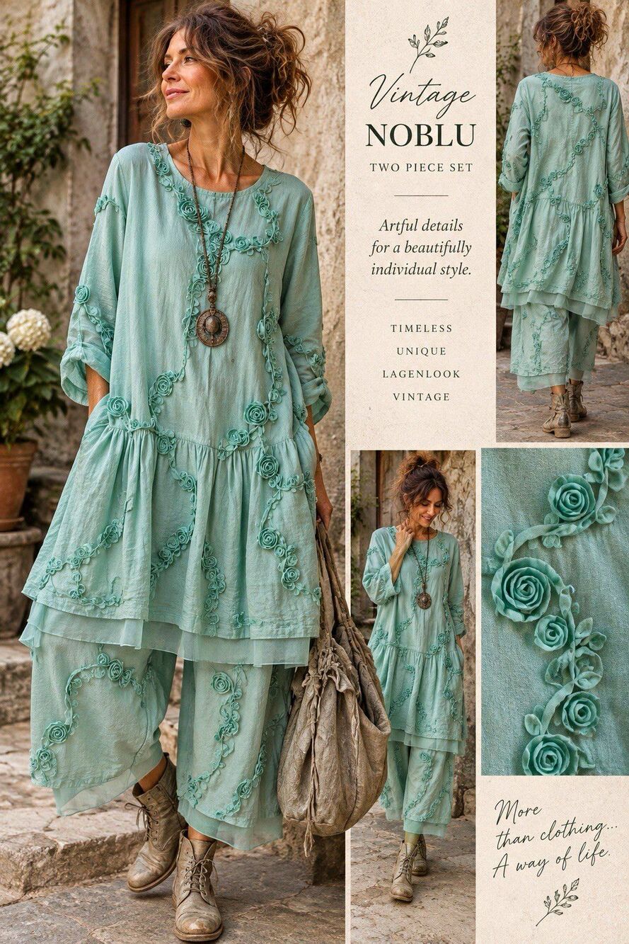 Vintage NOBLU Lagenlook Mint Rose 2 Piece Set Dress/Wide Leg Pants Size S USA